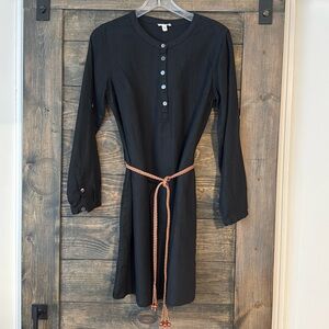 Garnet Hill, black linen dress with faux leather belt
